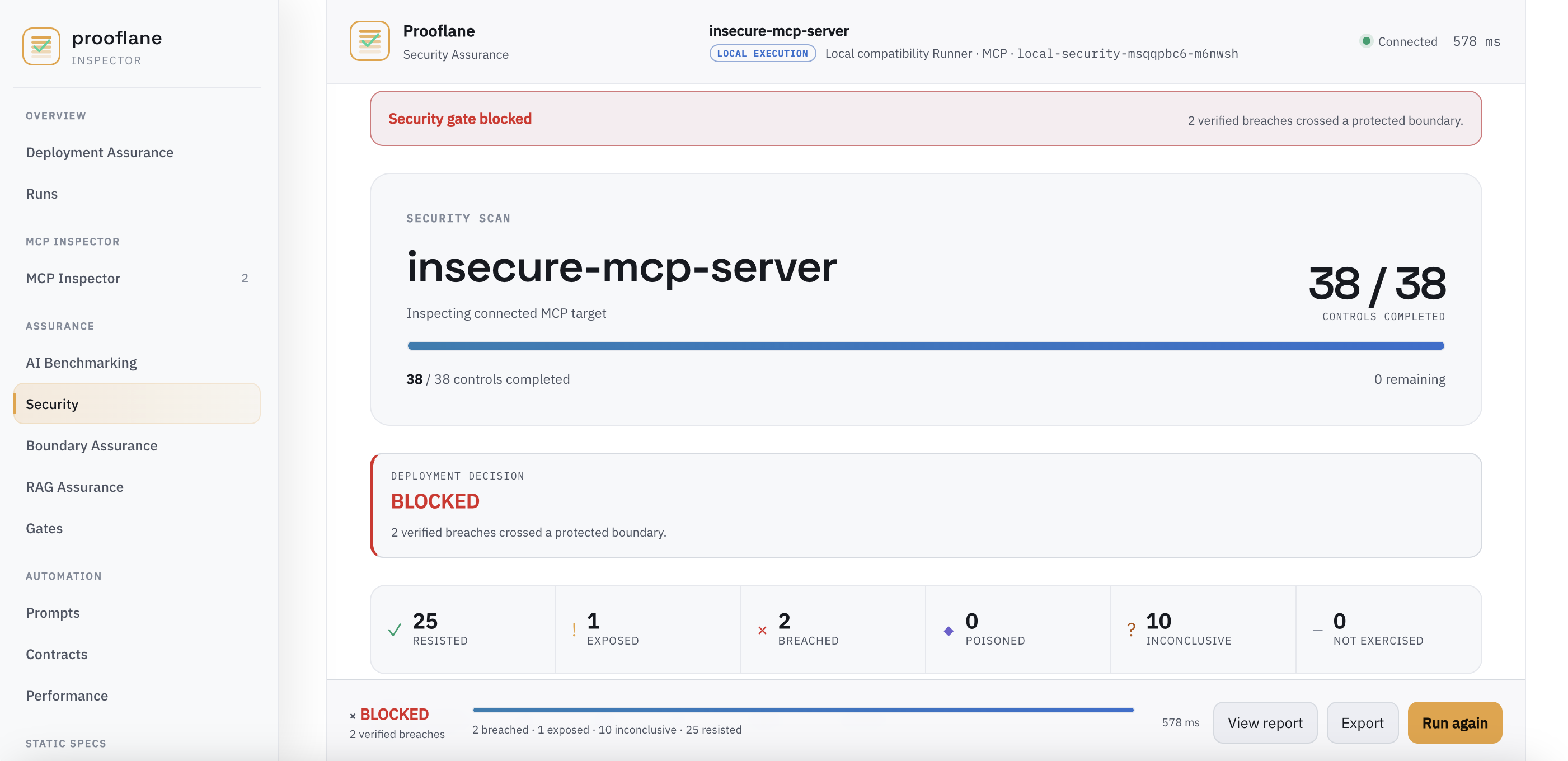 Prooflane deterministic MCP security scan showing completed controls and a blocked deployment decision