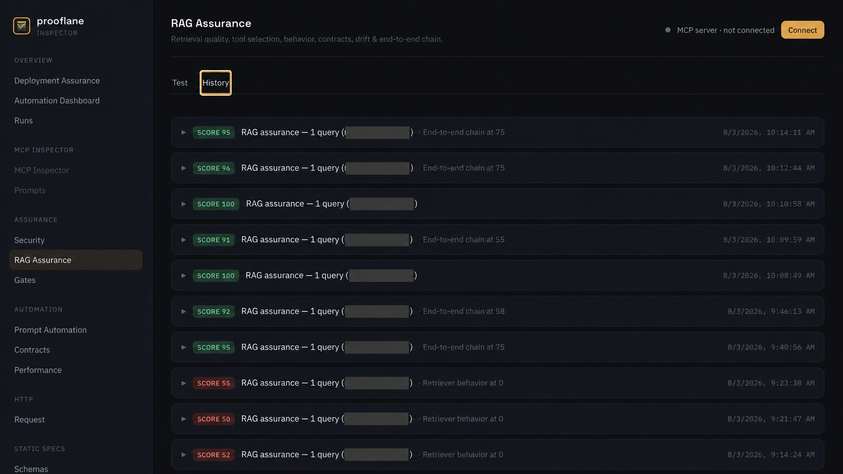 Sanitized Prooflane RAG Evaluation history showing repeated run scores and regressions